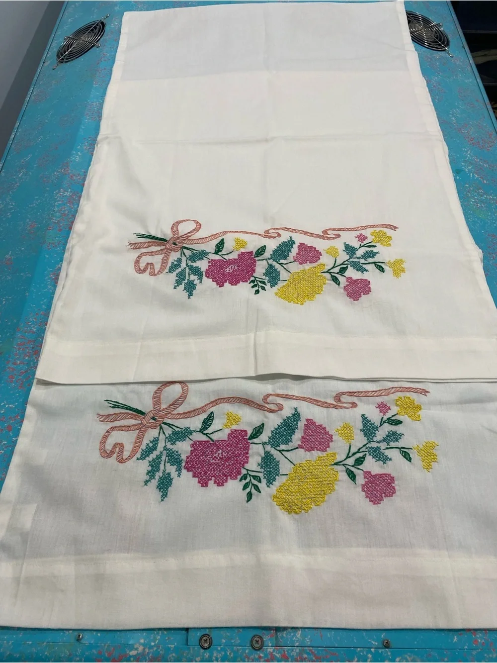 2 Hand Embroidered Floral Pillowcase Set in White with Pink & Yellow Accents